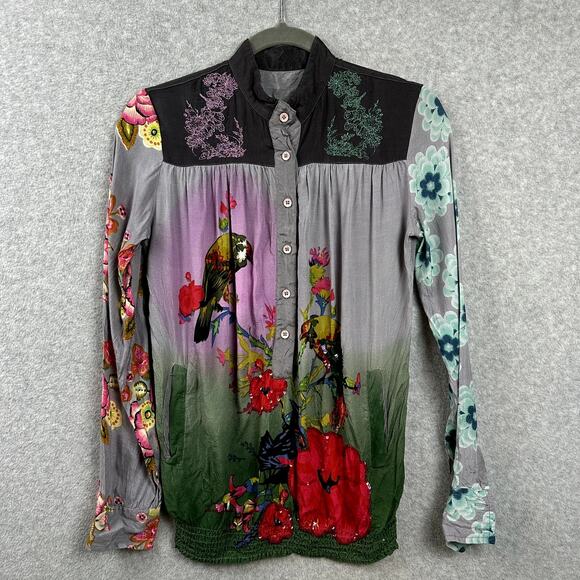 Desigual Y2K Blouse S Vintage Floral Beaded Fairy Grunge Pockets Elastic Waist - Picture 11 of 12